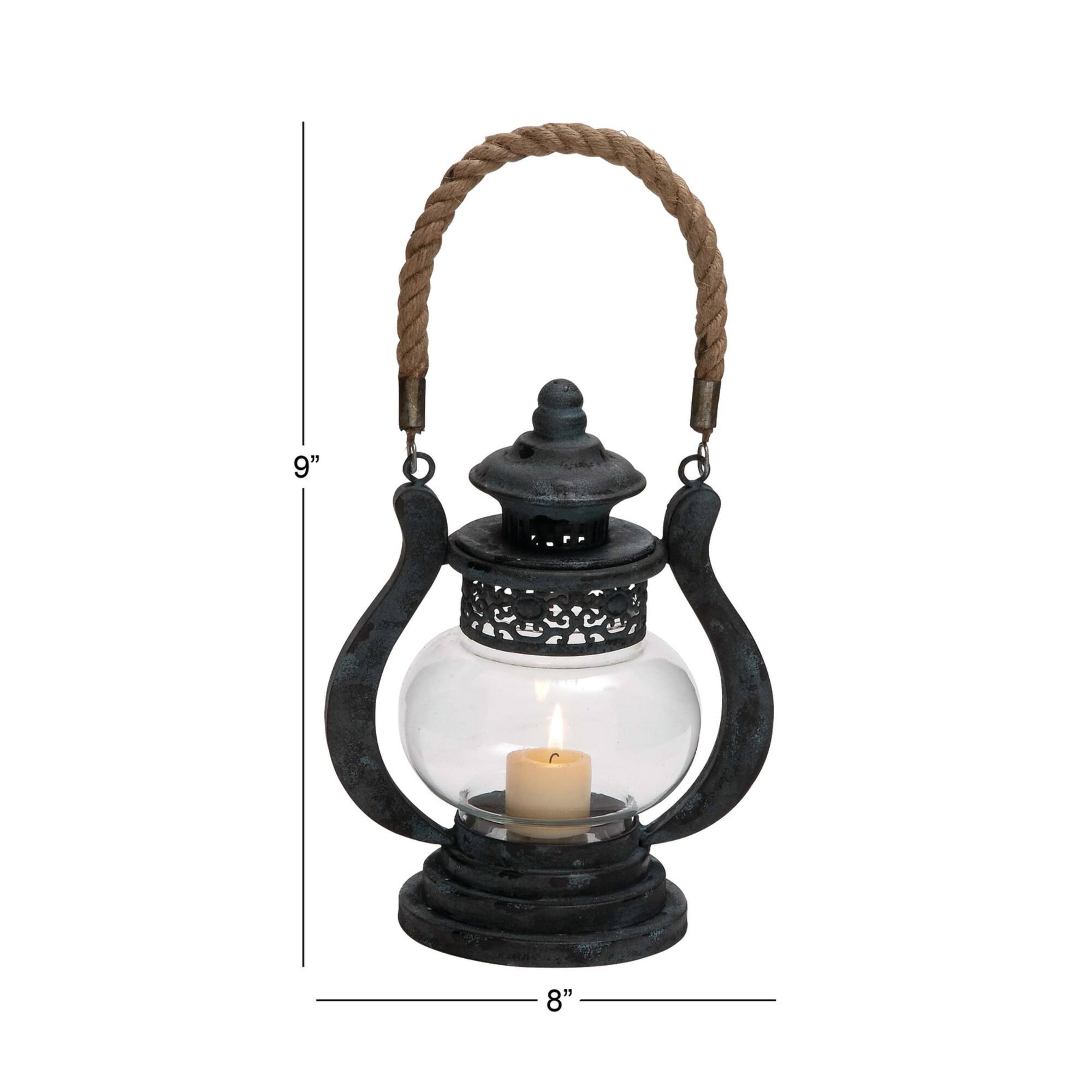 Black Iron Rustic Candle Holder Lantern, 9" x 8" x 5"